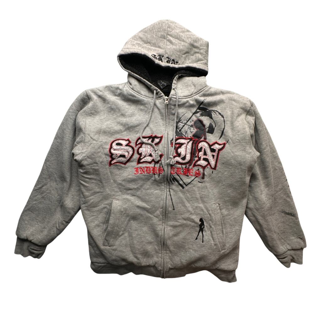 Vintage Skin Industries Sherpa Lined Full Zip Hoodie Sweatshirt Mens Large Gray